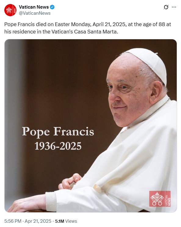 Tweet from Vatican News announcing the death of Pope Francis