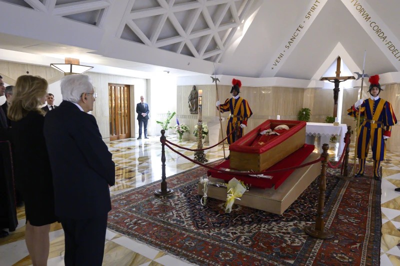 The Final Journey: Pope Francis’s Funeral Italian President Sergio Mattarella and his daughter pay their respects to Pope Francis at an early viewing on April 22, 2025, before the late pope is transferred to St. Peter’s Basilica to lie in state. / Credit: Vatican Media